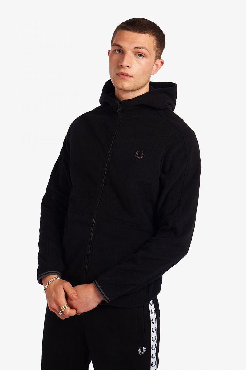 Black Fred Perry Polar Fleece Hooded Track Men's Jackets | PH 1233TCEV